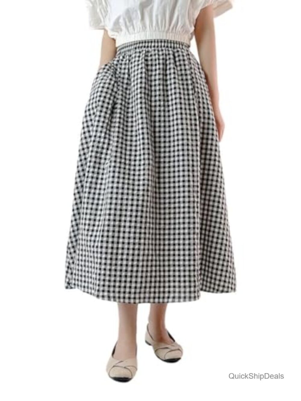 Womens Plaid Midi Skirt High Rise A-Line Swing Pleated Elastic Waist with